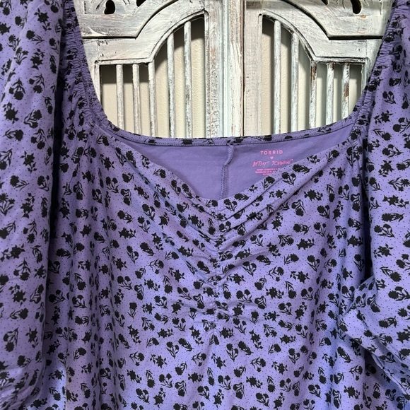 Torrid Betsey Johnson Mini Foxy Ruched Black Floral Purple Cotton Dress NWOT 6X - Picture 8 of 11